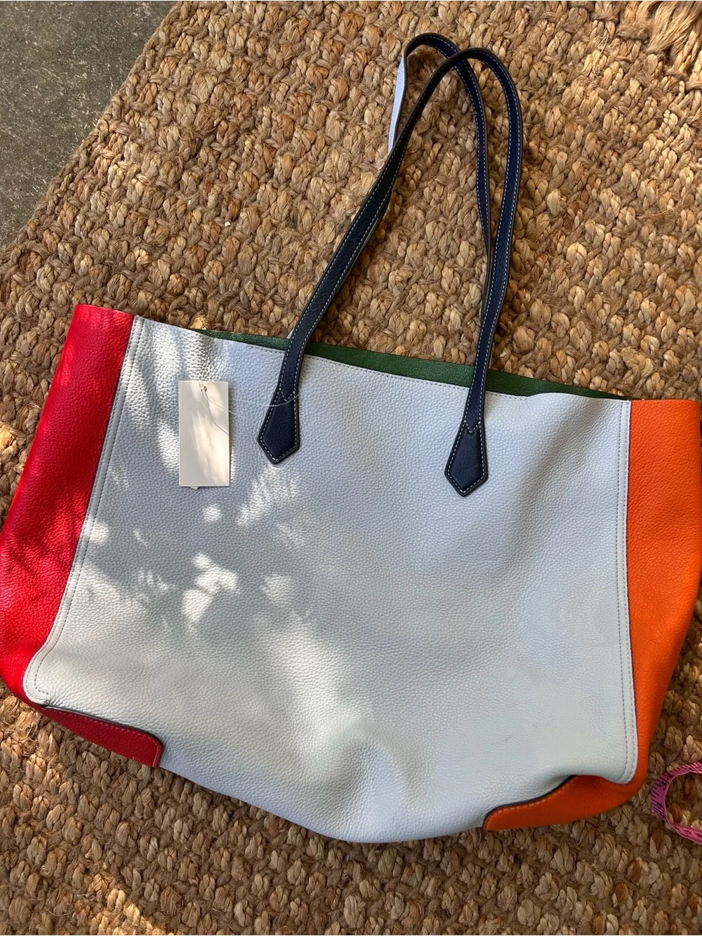 Tory Burch baby blue Pebbled Leather Tote with Orange, Red & Yellow Accents
